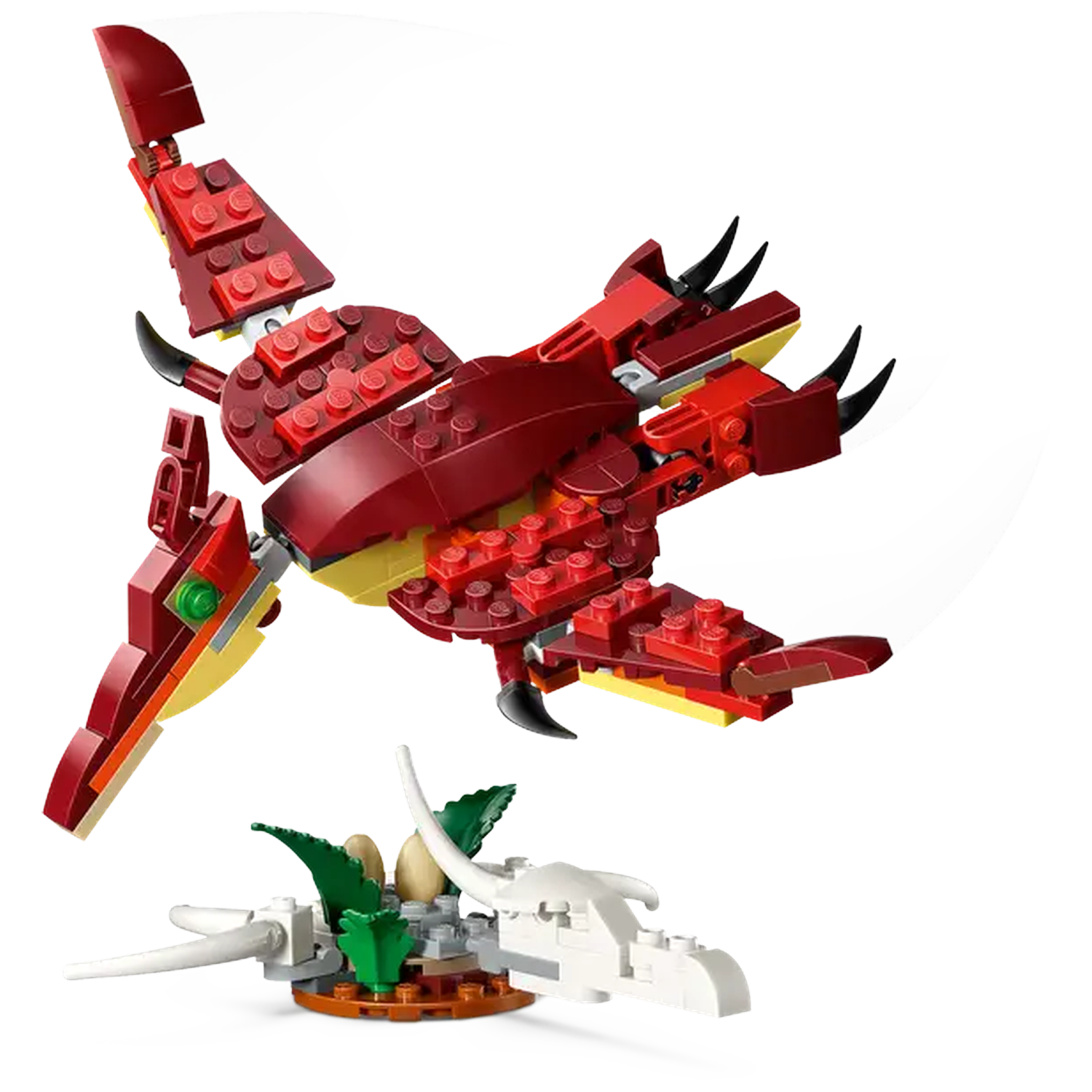 A Lego pterodactyl in flight above a nest. The bird is red and yellow with black accents. The nest is brown, white, and green.