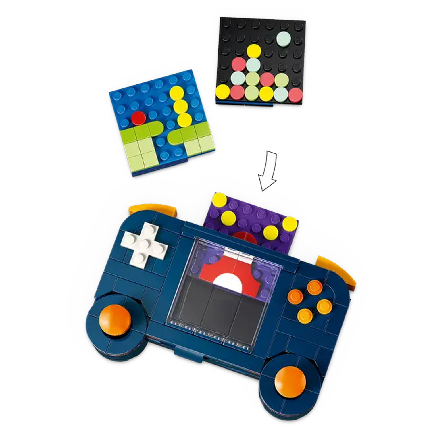 A Lego game console with three pixel art blocks. The console is blue with orange accents. Blocks have colorful dots.