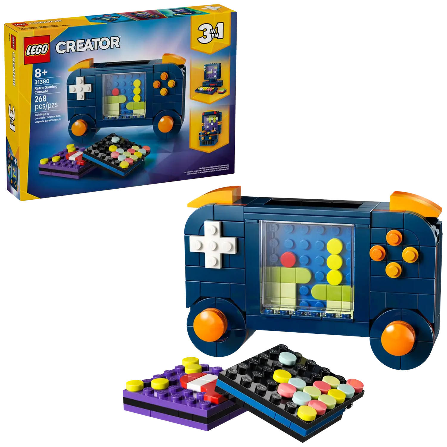 A Lego Creator set. It is a retro gaming console made of blue, orange, and white blocks. Two smaller block sets are in front.