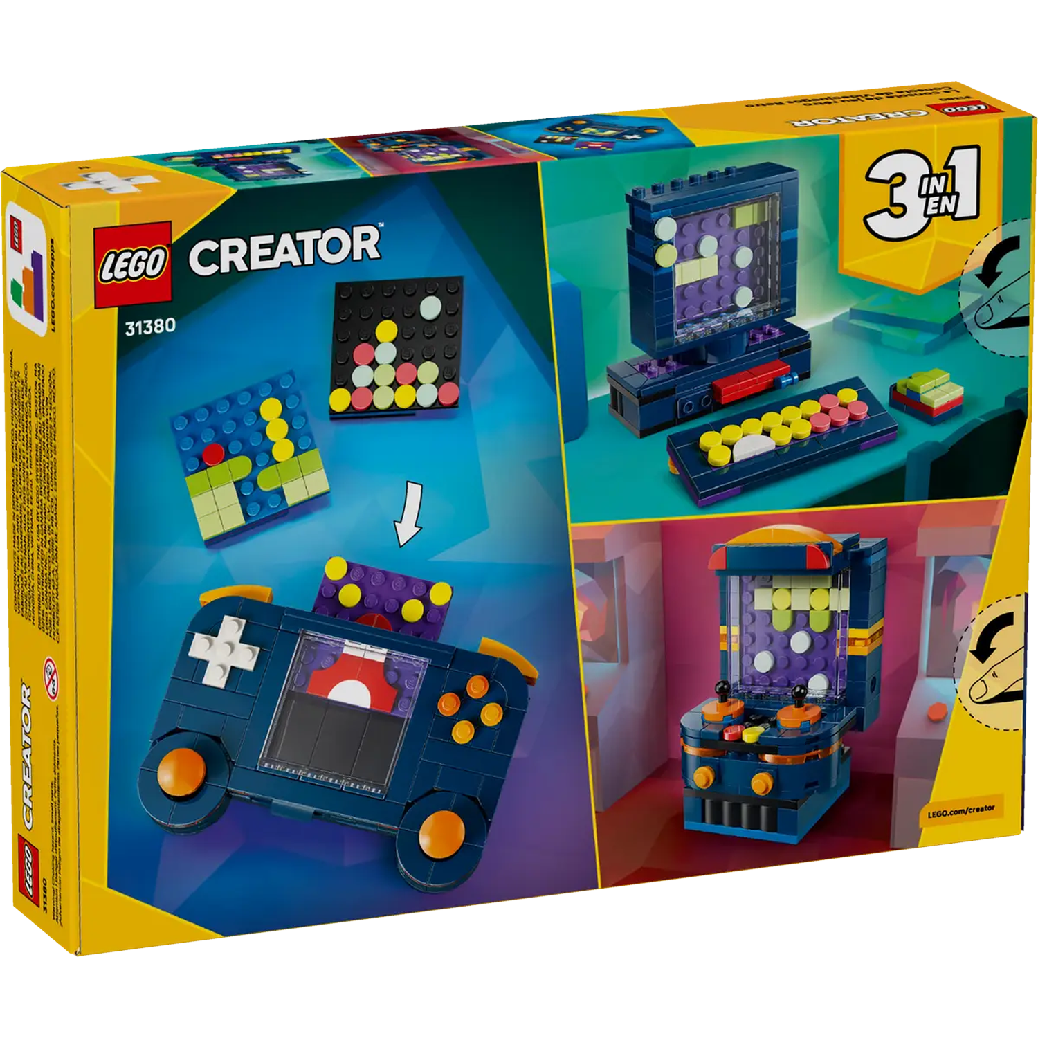 A Lego Creator set box with images of a computer, a handheld game console and an arcade machine built with Lego.