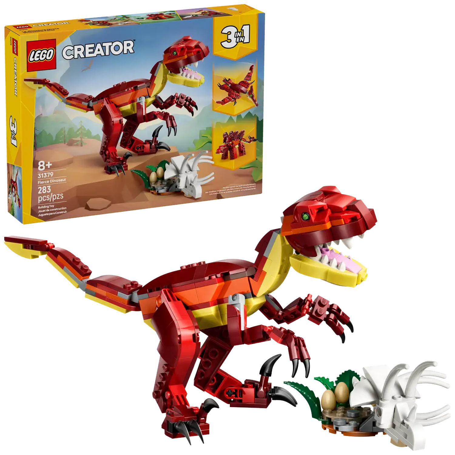 A Lego Creator set. A red and yellow dinosaur is next to a dinosaur skull and eggs. A box with the set is in the background.