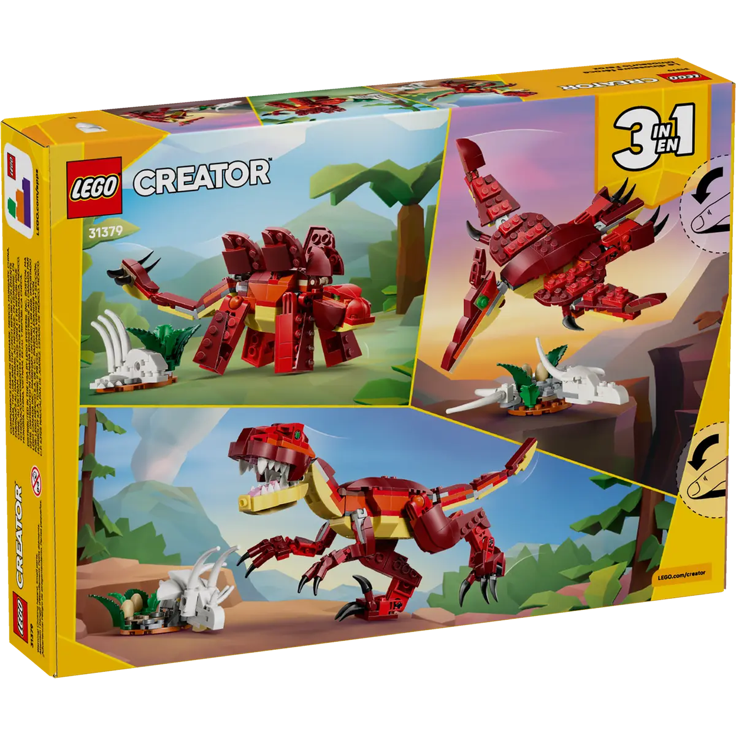 Lego Creator box with three dinosaur builds: Stegosaurus, Pterodactyl, and T-Rex. Background shows a colorful landscape and the Lego logo.