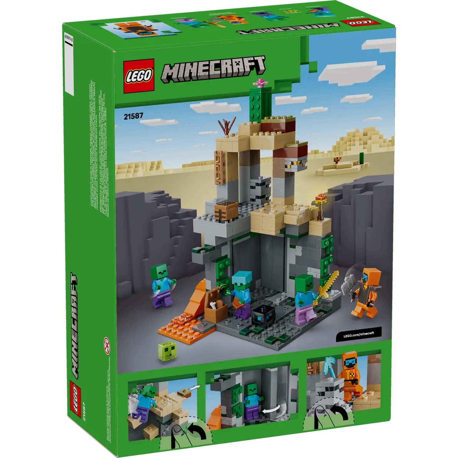 Boîte du set Lego Minecraft. Scène de désert avec des figurines en blocs : zombies, un creeper et une figurine orange. Boîte verte.