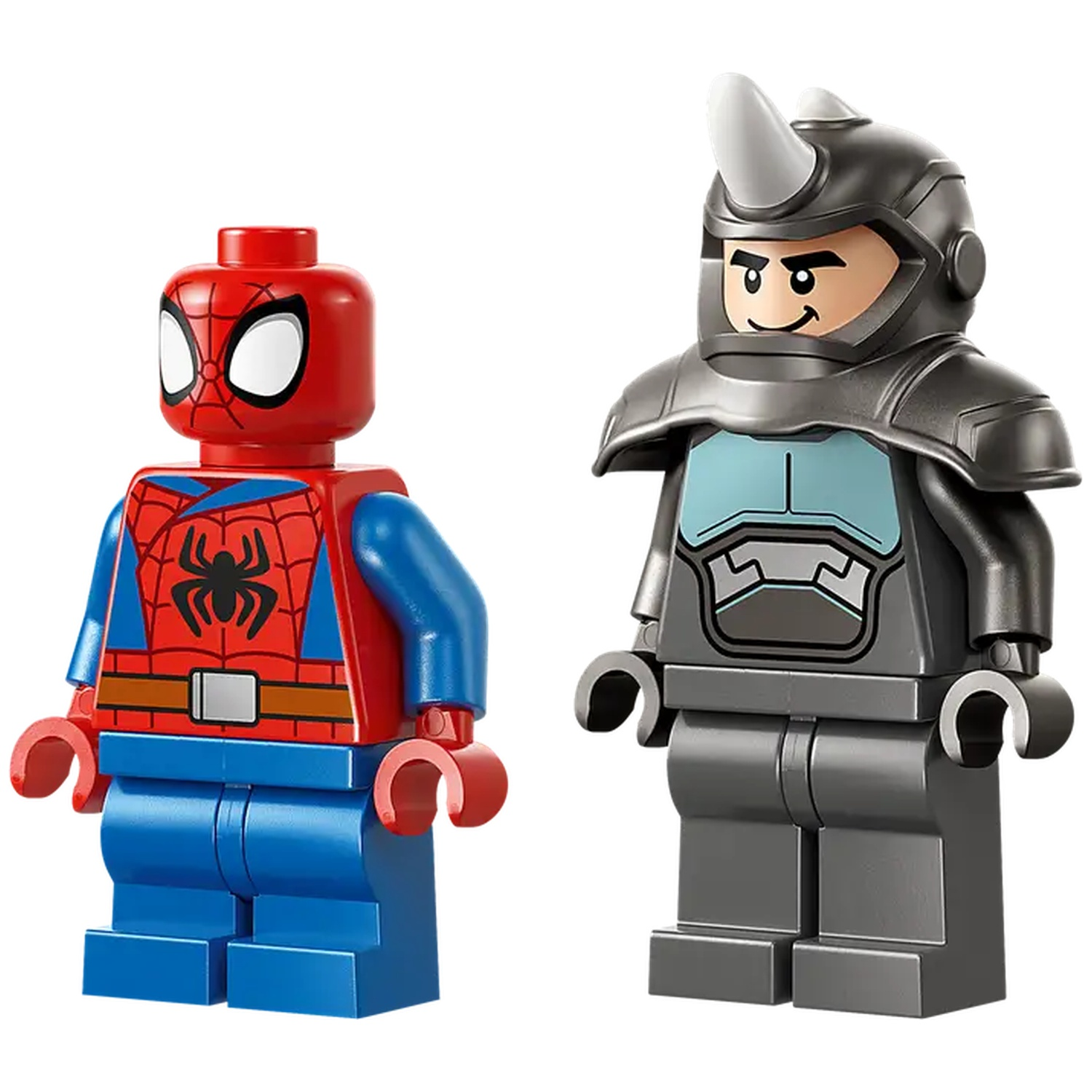 Twee Lego-figuren: Spider-Man en Rhino. Spider-Man heeft een rood en blauw pak. Rhino is grijs, met een hoorn.