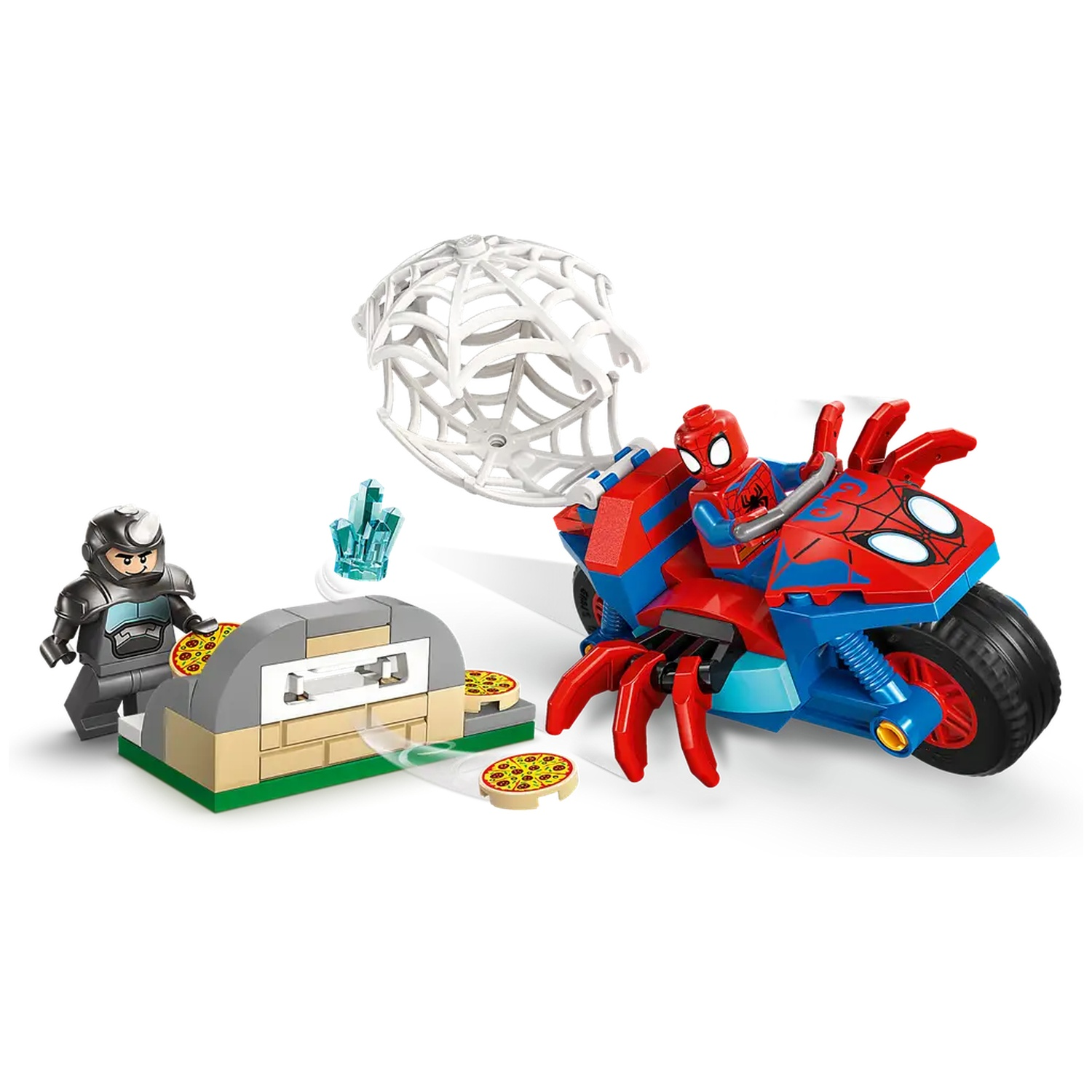 Lego set met Spider-Man op een motor, een slechterik, een pizzaoven en een web. Kleuren: rood, blauw, grijs en geel.