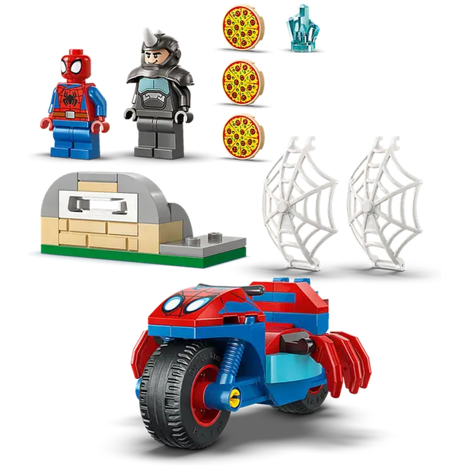 Lego-set met Spider-Man en Rhino figuren, pizzapunten, een kroon, webaccessoires en een Spider-Man motor.