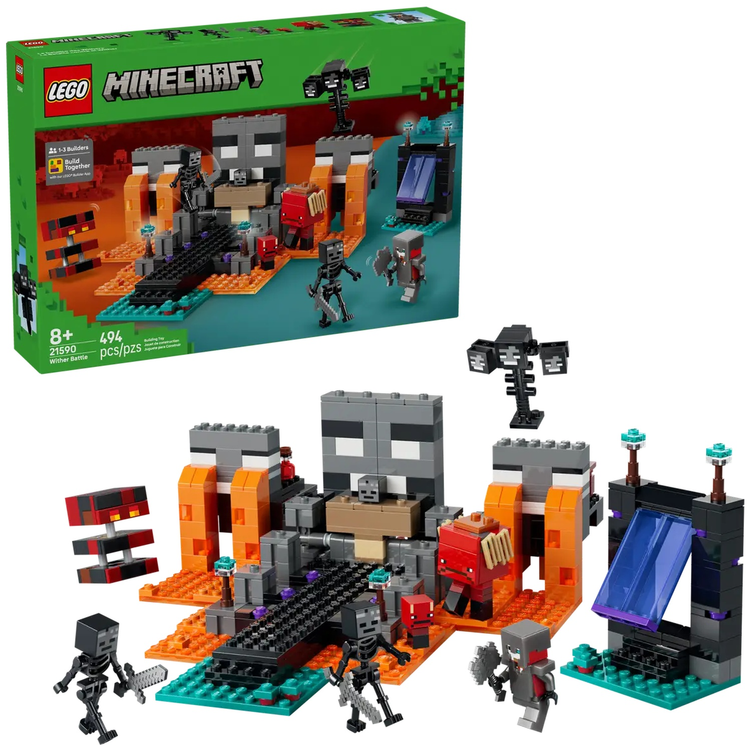 Ensemble LEGO Minecraft Wither Battle. Comprend diverses figurines et éléments d'environnement Minecraft. Comprend une boîte.