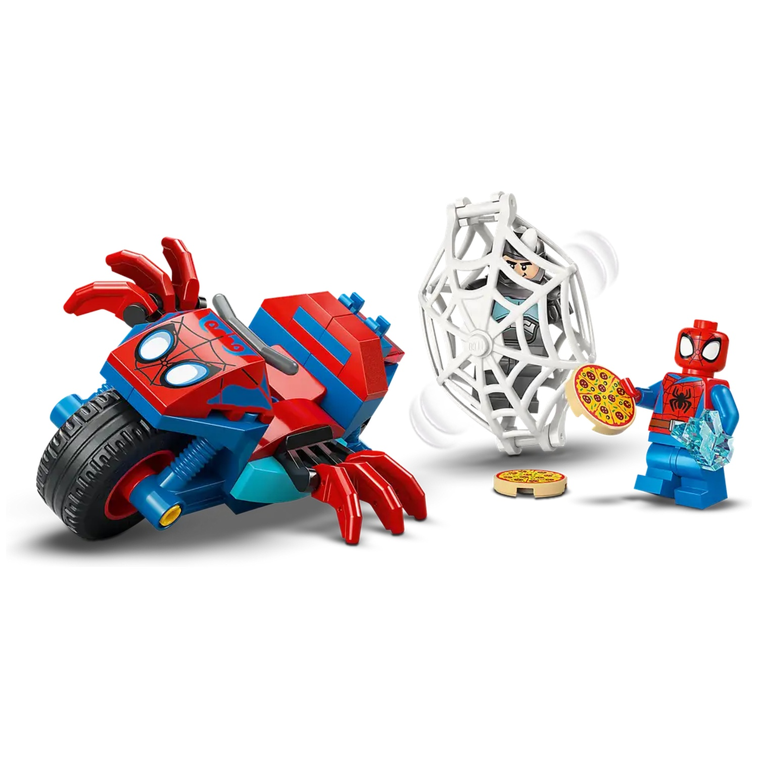 Lego set met Spider-Man, een motor, een web en een pizza. Spider-Man houdt een pizza en ijs vast. Het web heeft een figuur.