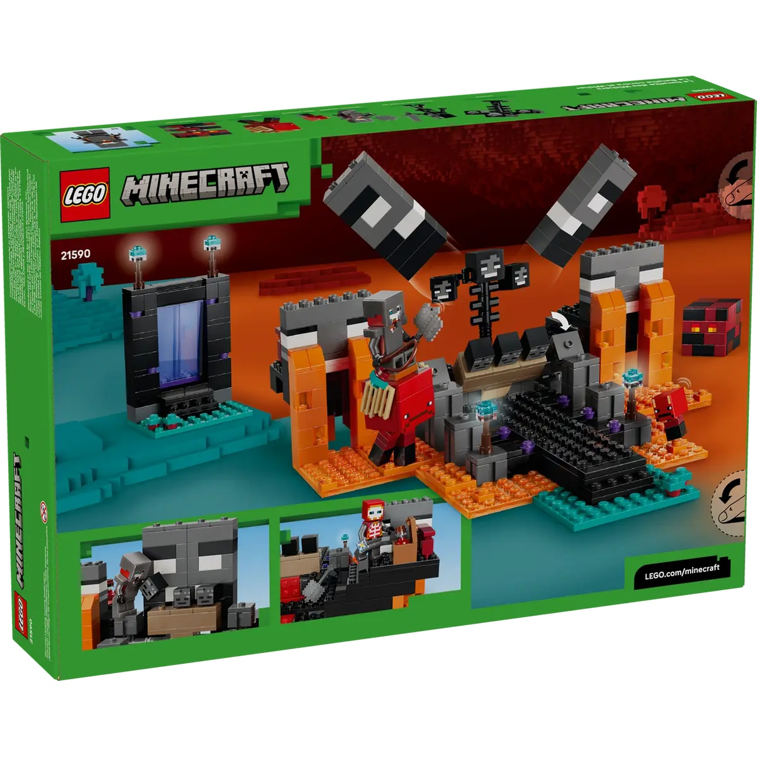 Boîte du set LEGO Minecraft. Des scènes du portail du Nether, du Wither et des personnages de Minecraft sont représentées.