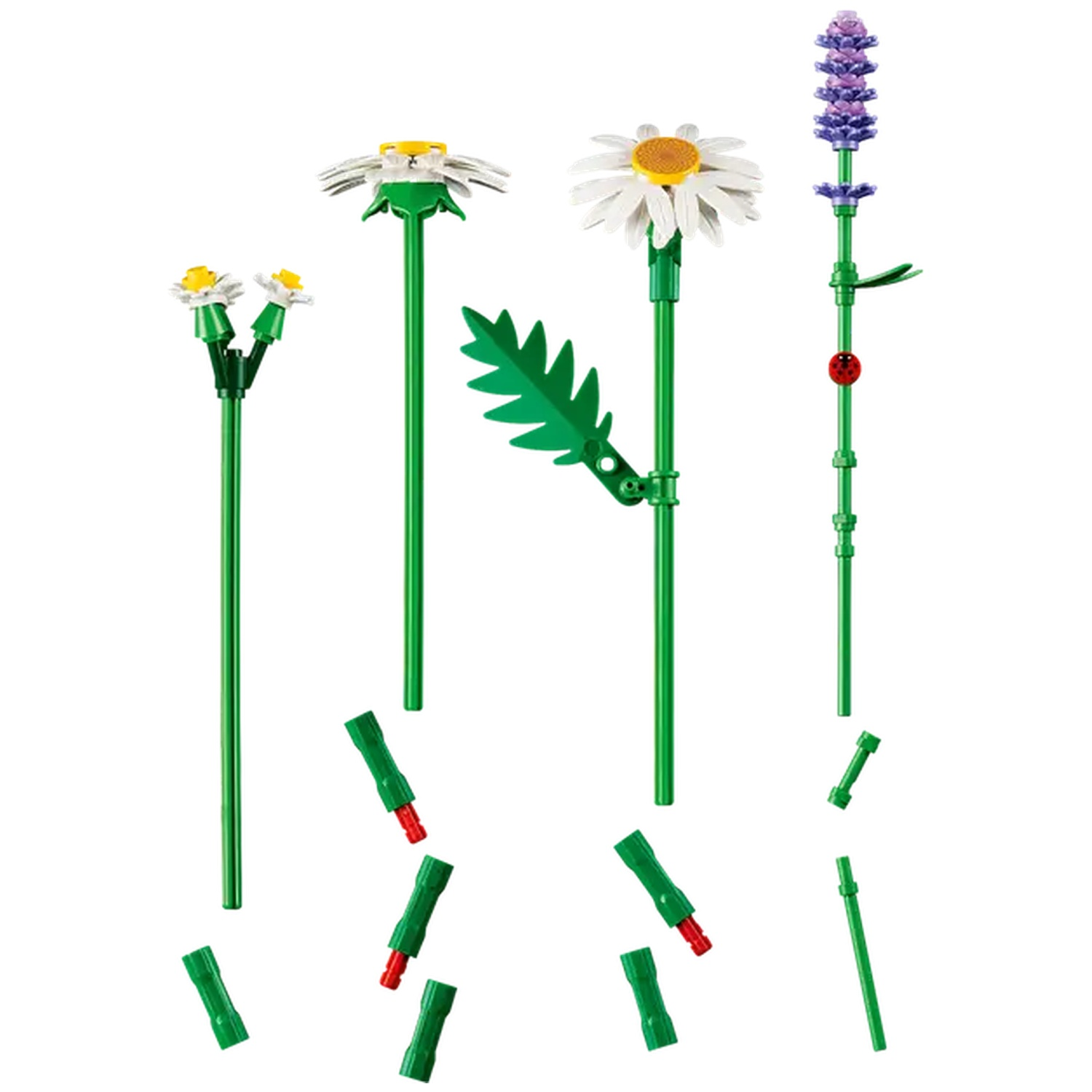 L'image présente des fleurs jouets : marguerites, lavande et tiges. Tiges vertes, pétales blancs, centres jaunes. Inclut des pièces détachées.