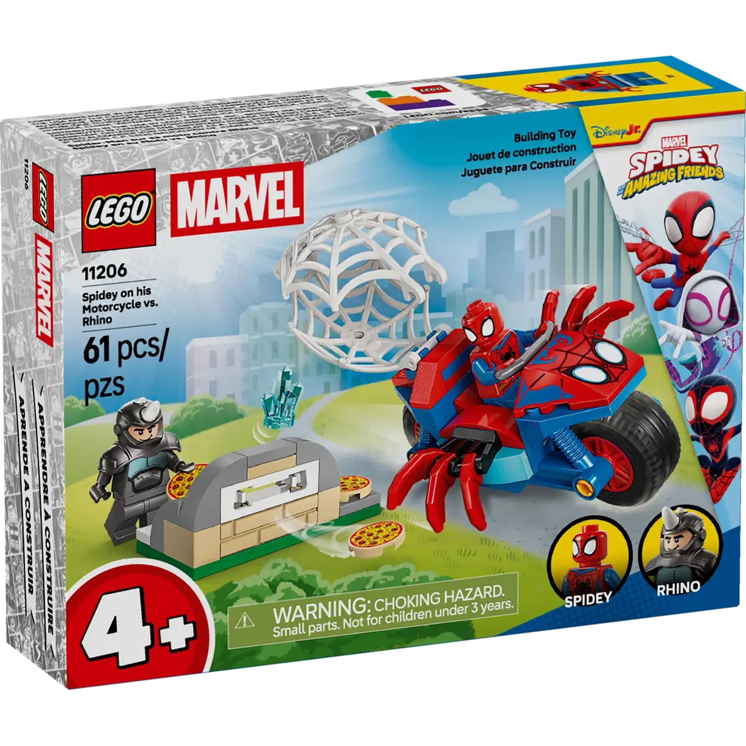 Lego Marvel set. Spidey op motor, Rhino figuur, bouwstenen, Spidey en vrienden karakters, waarschuwing en leeftijdsbereik.