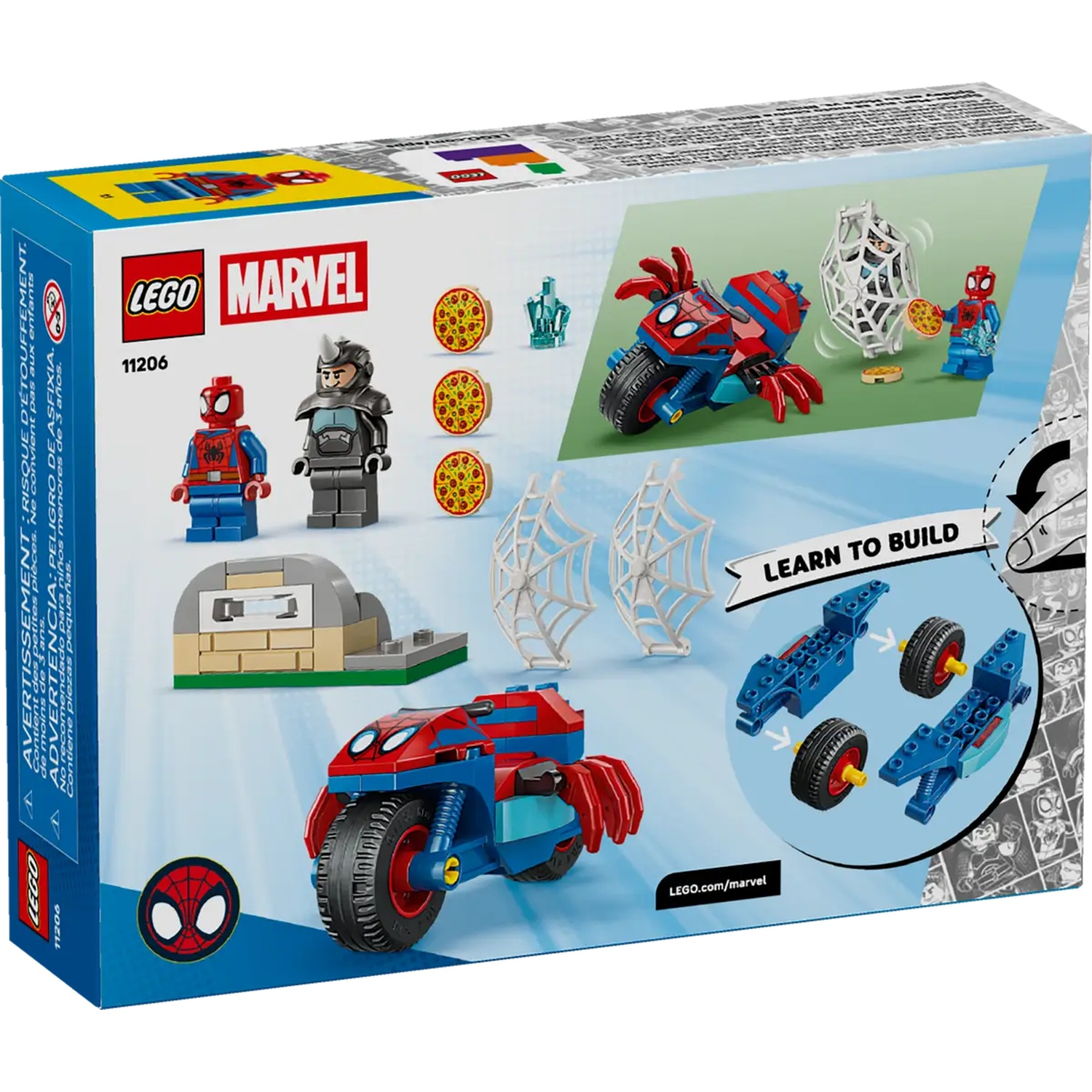 Lego Marvel setdoos. Spider-Man en Rhino figuren, Spider-Man motor, web stukken, pizza en bouwinstructies.