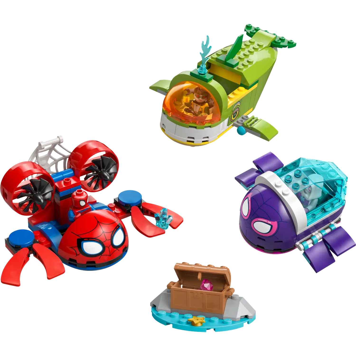 Quatre ensembles Lego: aéroglisseur Spider-Man, sous-marin vert, avion violet et coffre au trésor sur une île bleue.