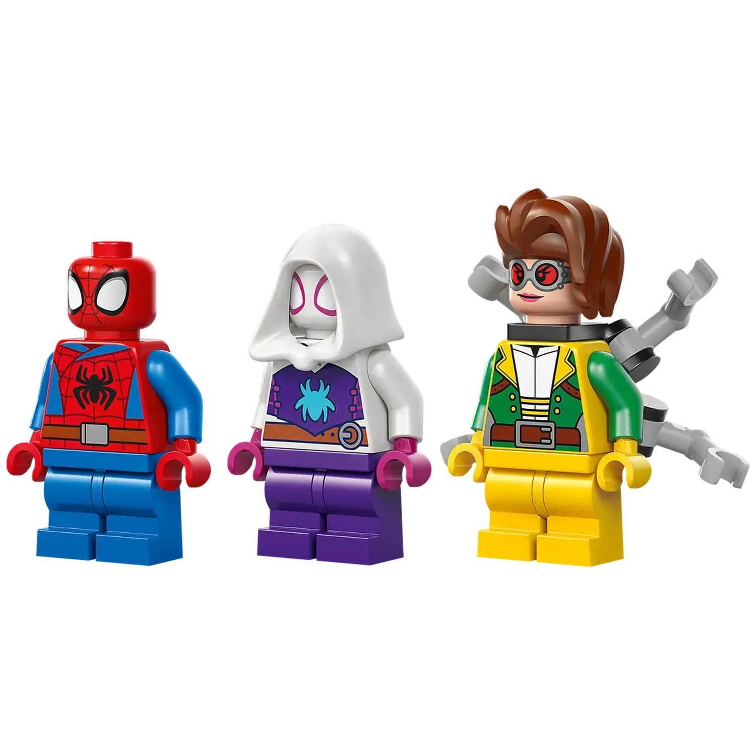Trois figurines Lego : Spider-Man, Spider-Gwen et Docteur Octopus. Chacune a un costume unique avec des couleurs vives et des accessoires.