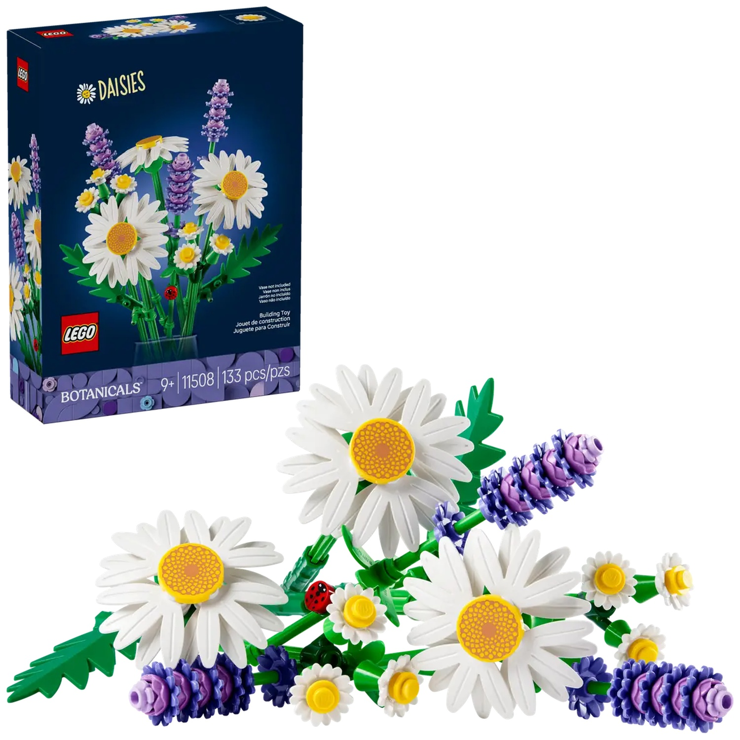 Ensemble LEGO avec des marguerites blanches à centres jaunes et de la lavande violette. Une boîte montre les fleurs. Une coccinelle est sur une tige.