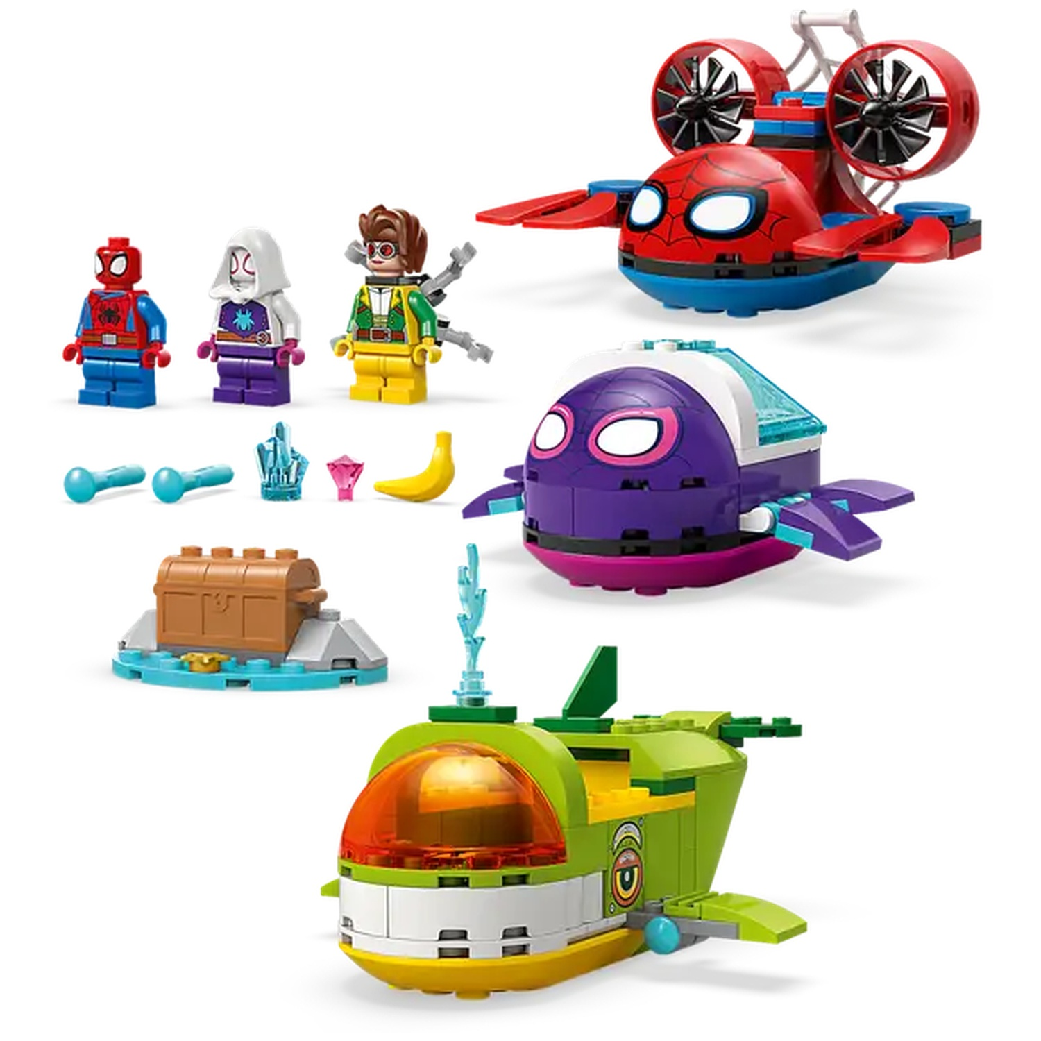 Ensembles Lego avec Spider-Man et personnages associés. Inclut véhicules, figurines et accessoires tels un coffre au trésor et une banane.