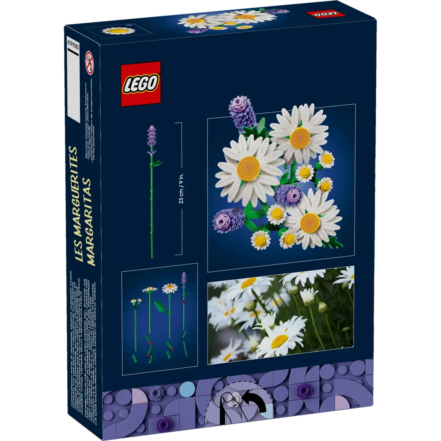 La boîte LEGO Les Marguerites montre un bouquet de marguerites. Elle comprend des images de fleurs, le logo LEGO et du texte en plusieurs langues.