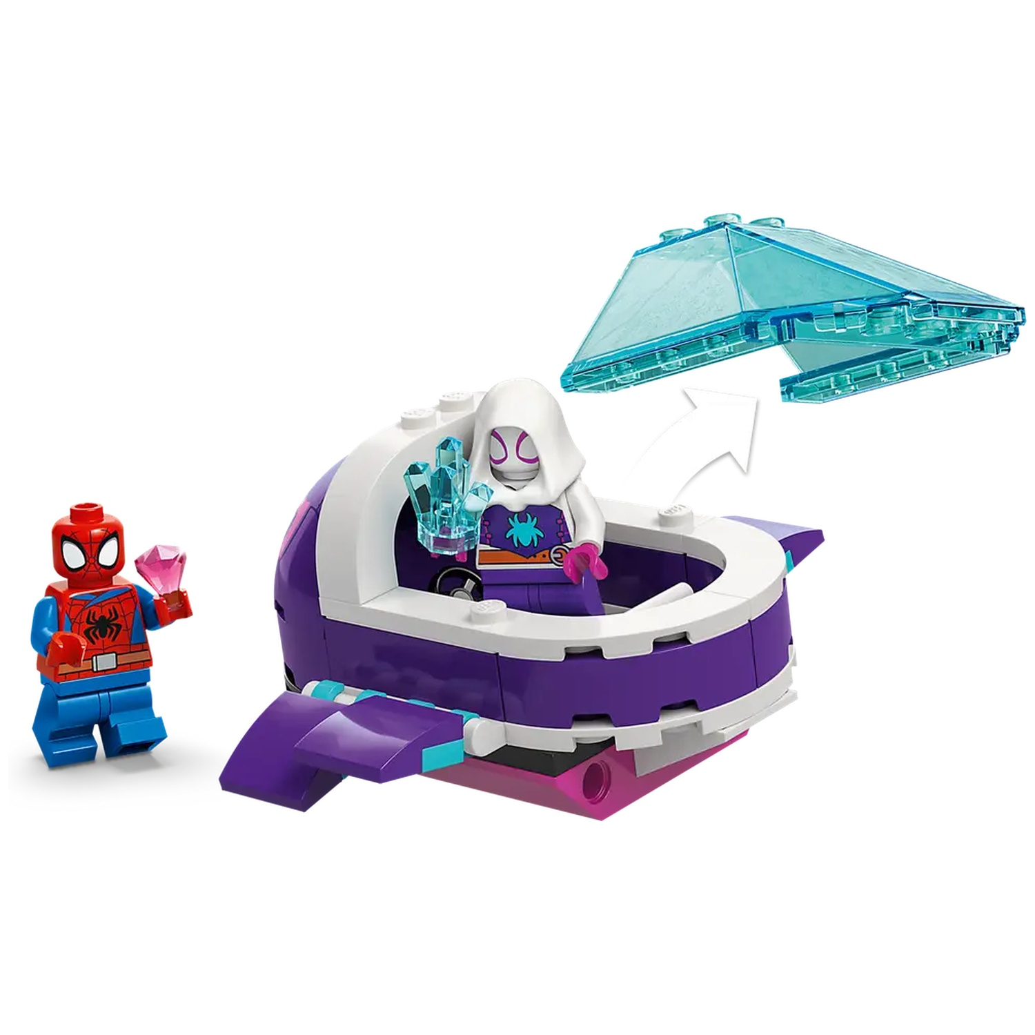 Ensemble Lego avec figurines Spider-Man et Spider-Gwen, un véhicule violet et une verrière bleu clair, sur fond blanc.