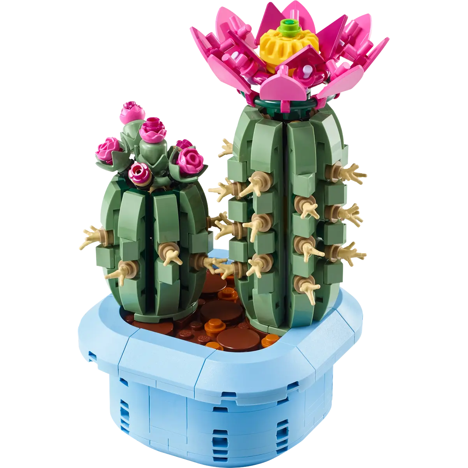 Un ensemble de cactus Lego, avec deux cactus verts avec des fleurs roses dans un pot bleu. De la "terre" marron dans le pot.