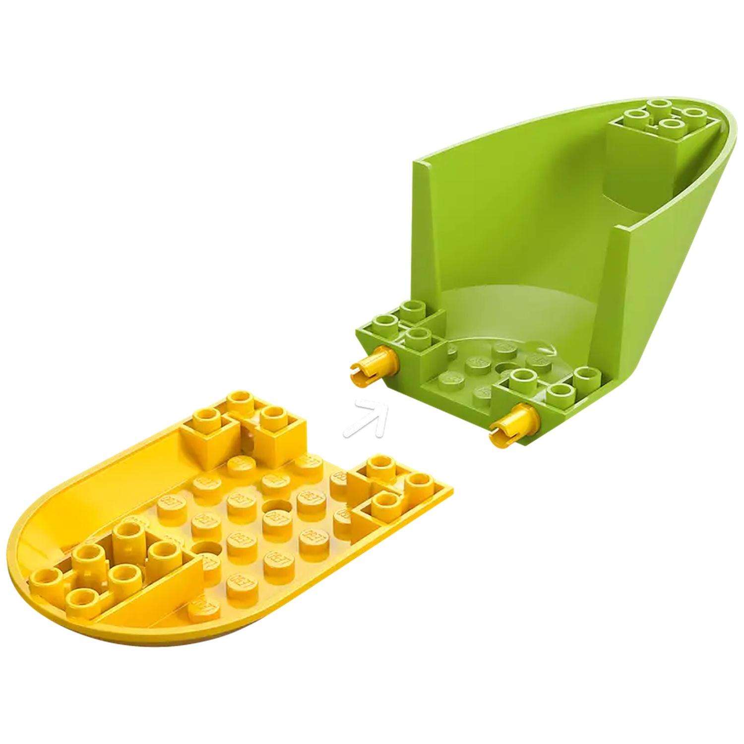 L'image montre deux pièces Lego. Une base jaune avec des tenons et une pièce verte en forme de bateau sont séparées.