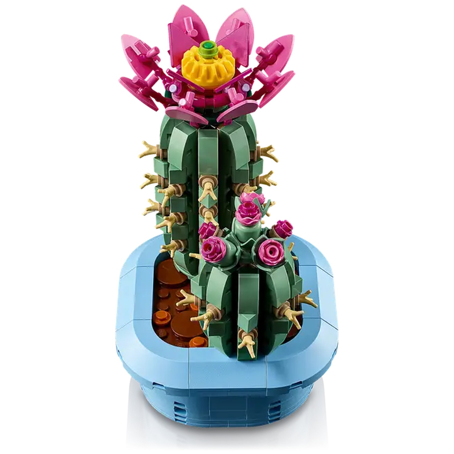 Un ensemble de cactus Lego, avec des cactus verts, des fleurs roses et un centre jaune, planté dans un pot bleu.