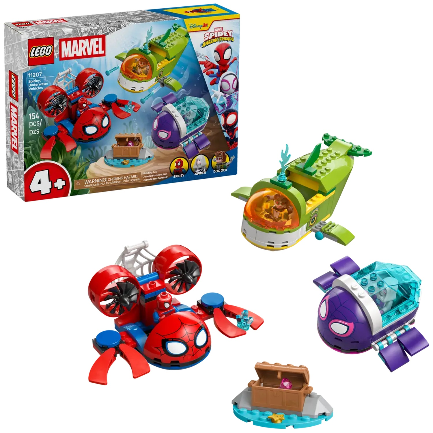 Ensemble Lego des véhicules sous-marins de Spidey. Comprend un véhicule rouge en forme d'araignée, des sous-marins verts et violets, un coffre au trésor et la boîte Spidey.
