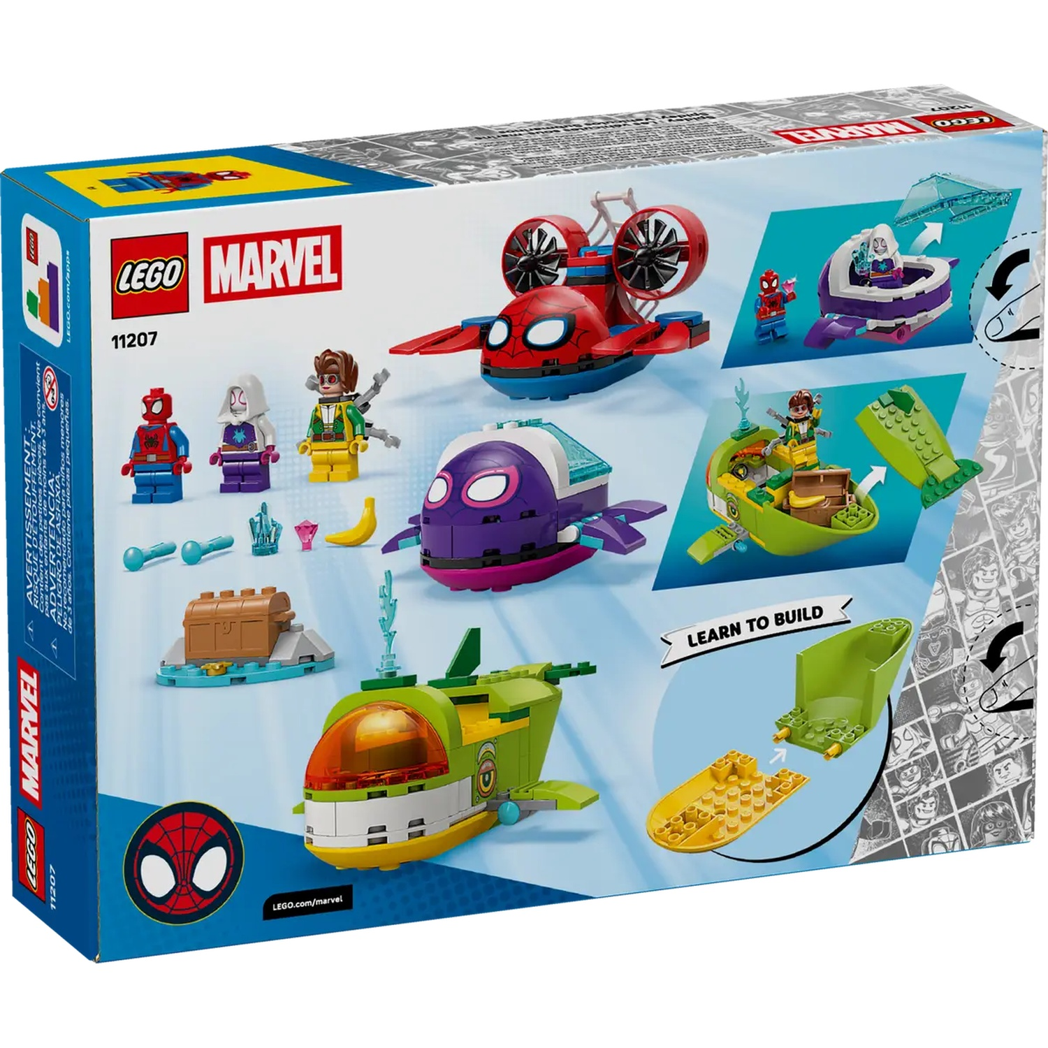 Boîte Lego Marvel. Comprend des véhicules sur le thème de Spider-Man, des figurines et des instructions de montage. Comprend un sous-marin vert et jaune.
