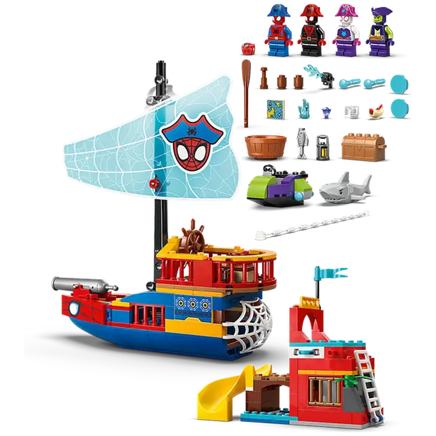 A Lego set featuring a pirate ship, a small fort with a slide, and several Spiderman-themed minifigures and accessories.