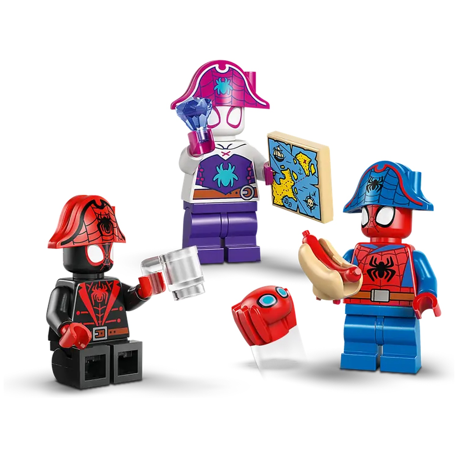 Three Spider-Man Lego figures. One holds a mug, another a hotdog, and the third a gem and map. All are in pirate hats.