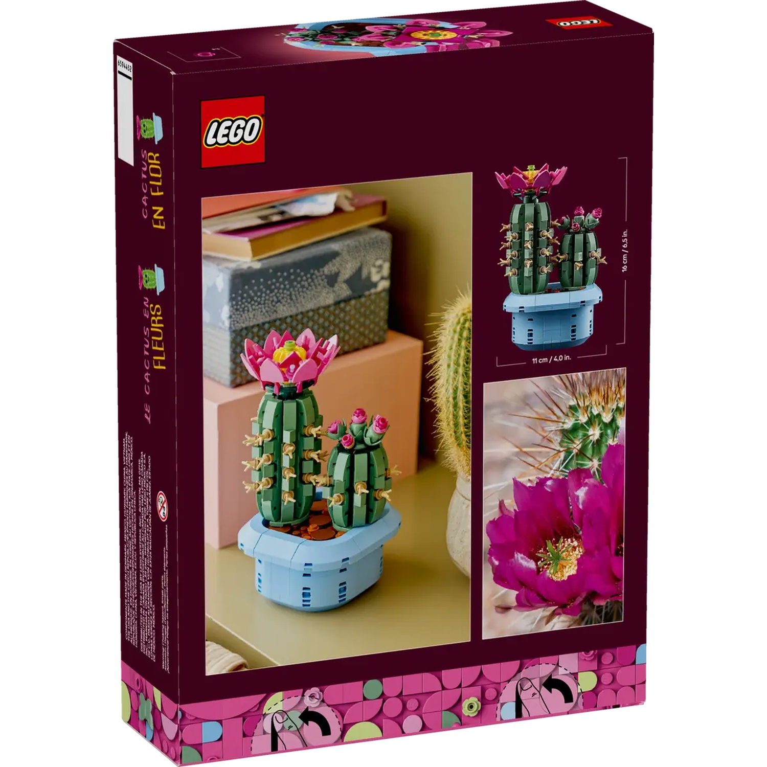 La boîte montre un set LEGO de cactus en fleurs. Elle comprend des images du set, un vrai cactus et un gros plan d'une fleur rose.