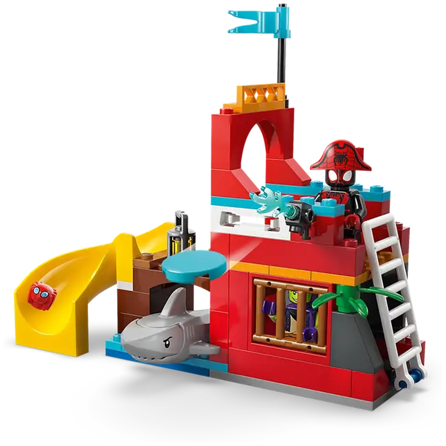 Lego pirate ship with Spider-Man figure, shark, slide, and other figures. Red and yellow colors are dominant.
