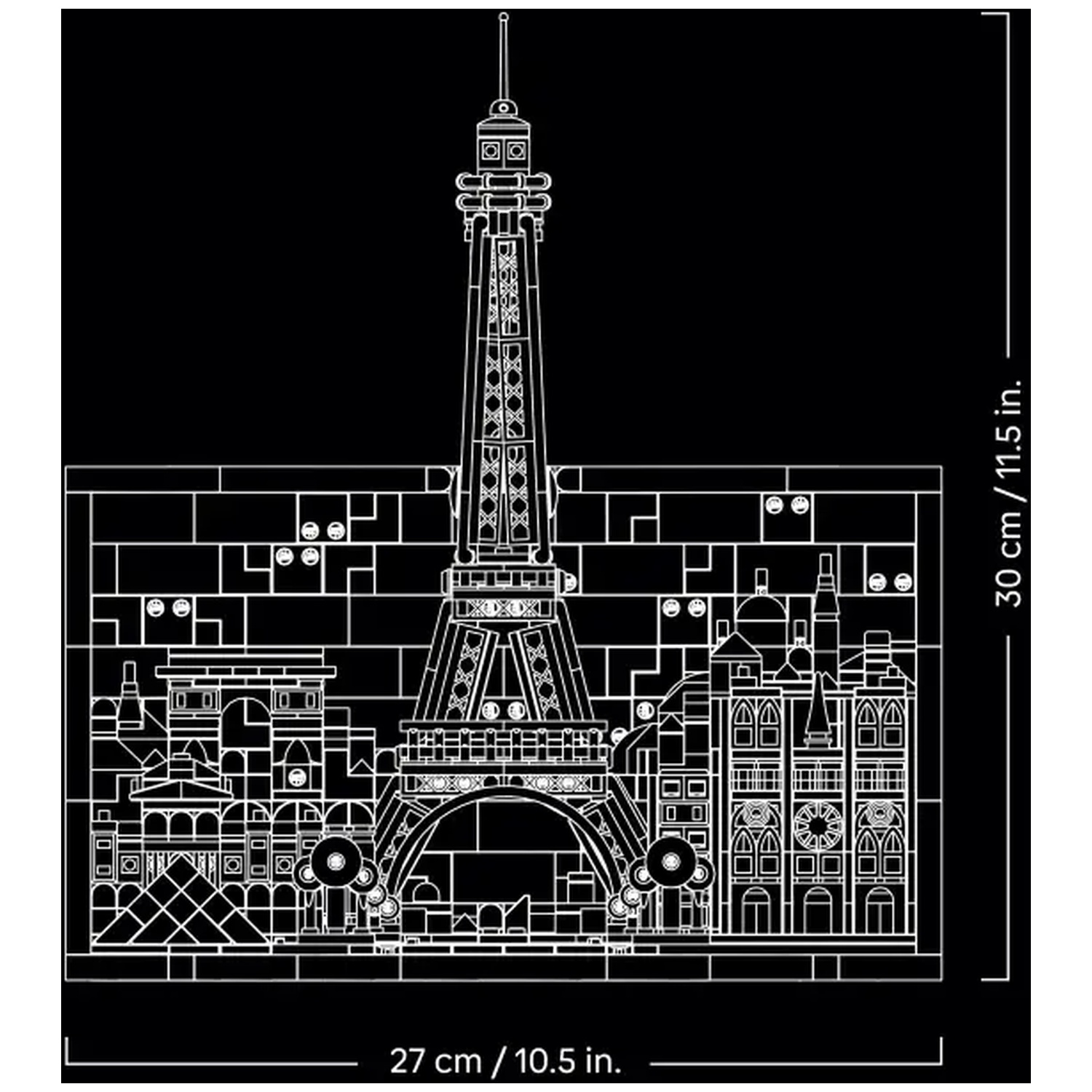 A schematic illustration of Paris landmarks, including the Eiffel Tower, Arc de Triomphe, and buildings, all in white outline on black.