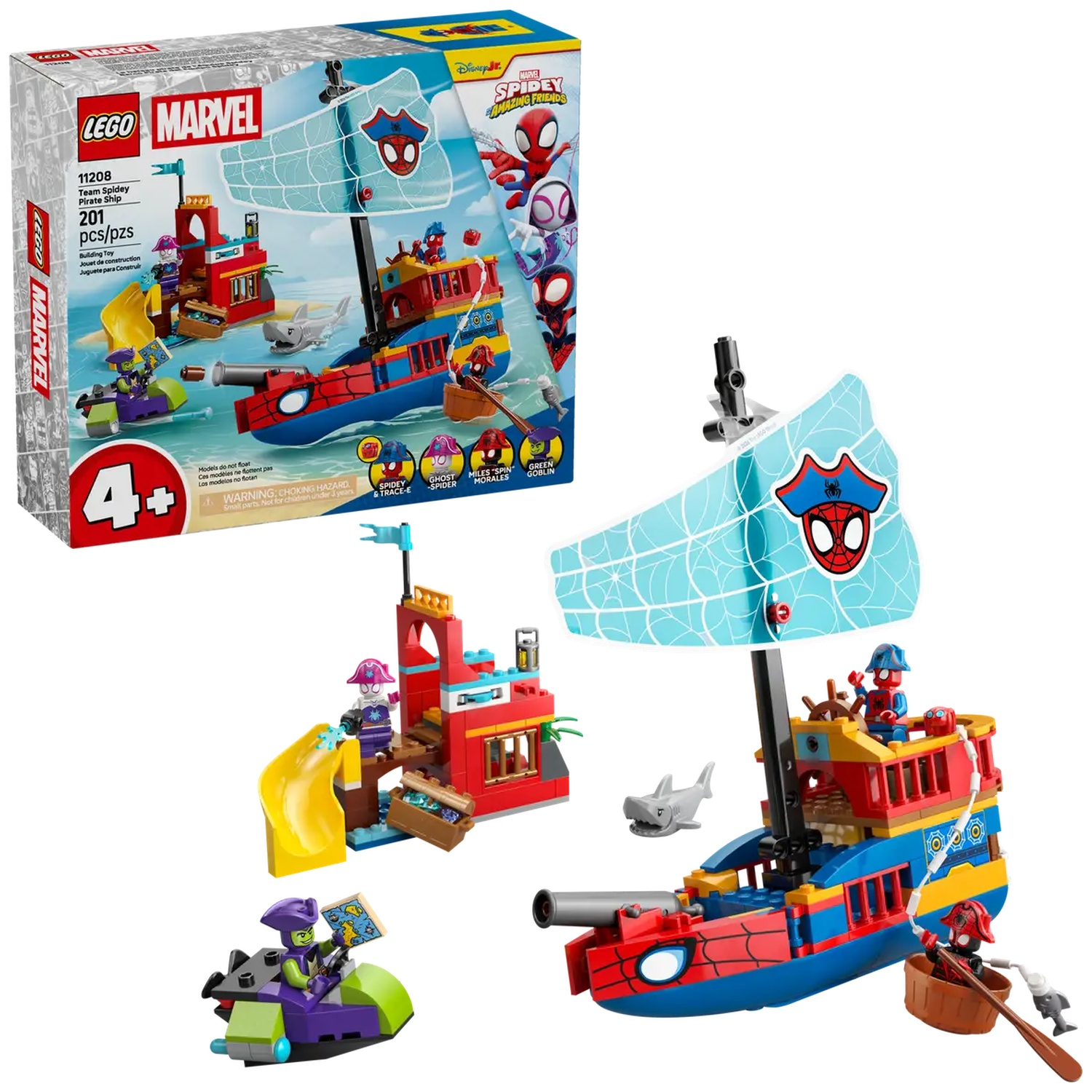 Lego Marvel Team Spidey Pirate Ship set. Includes a ship, a pirate ship base, Spidey figures, and the Green Goblin on a vehicle.