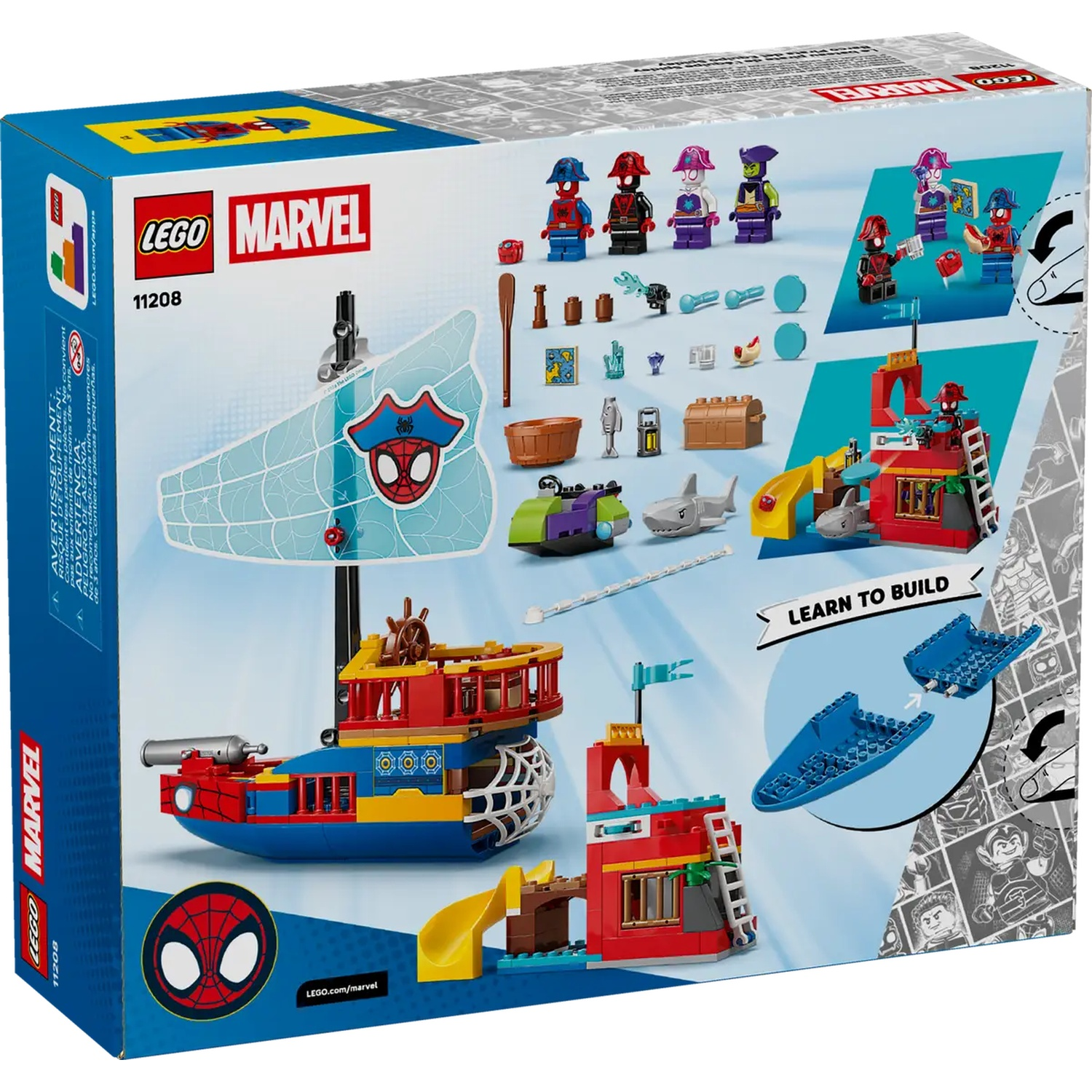 Lego Marvel set box. Features a pirate ship, minifigures, and buildings. Includes Spiderman and villains in various forms. 