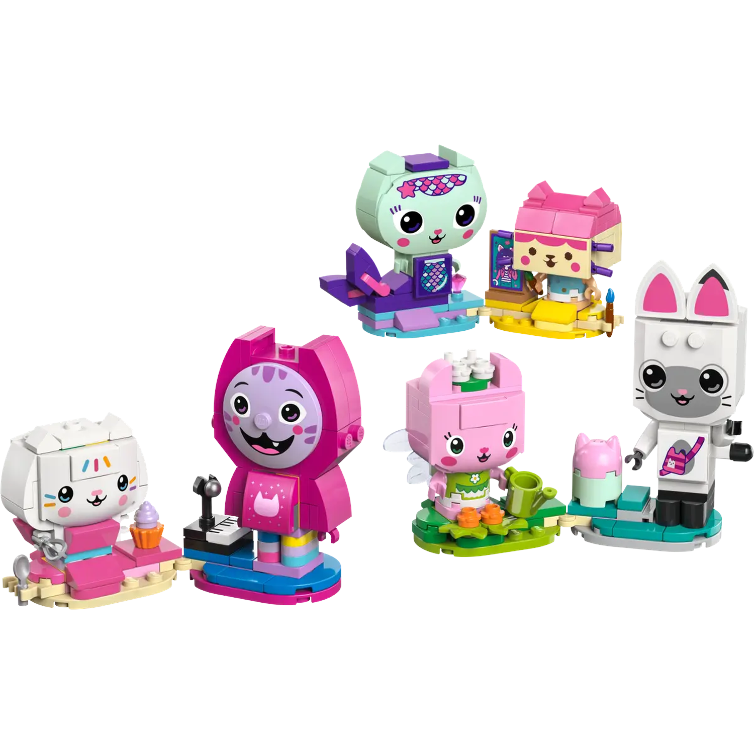 Six figurines Lego des personnages de Gabby et sa maison magique. Chaque figurine est un personnage félin avec des tenues et accessoires uniques.