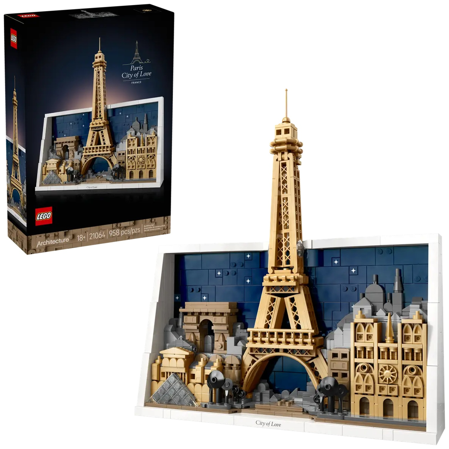 A Lego set depicting Paris, featuring the Eiffel Tower, Arc de Triomphe, and other buildings. The background is a starry night.