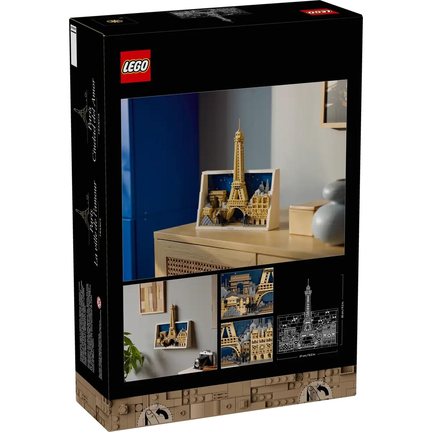 A LEGO box shows a Lego Eiffel Tower model, a photo frame, and architectural drawings. The box is black with the LEGO logo.