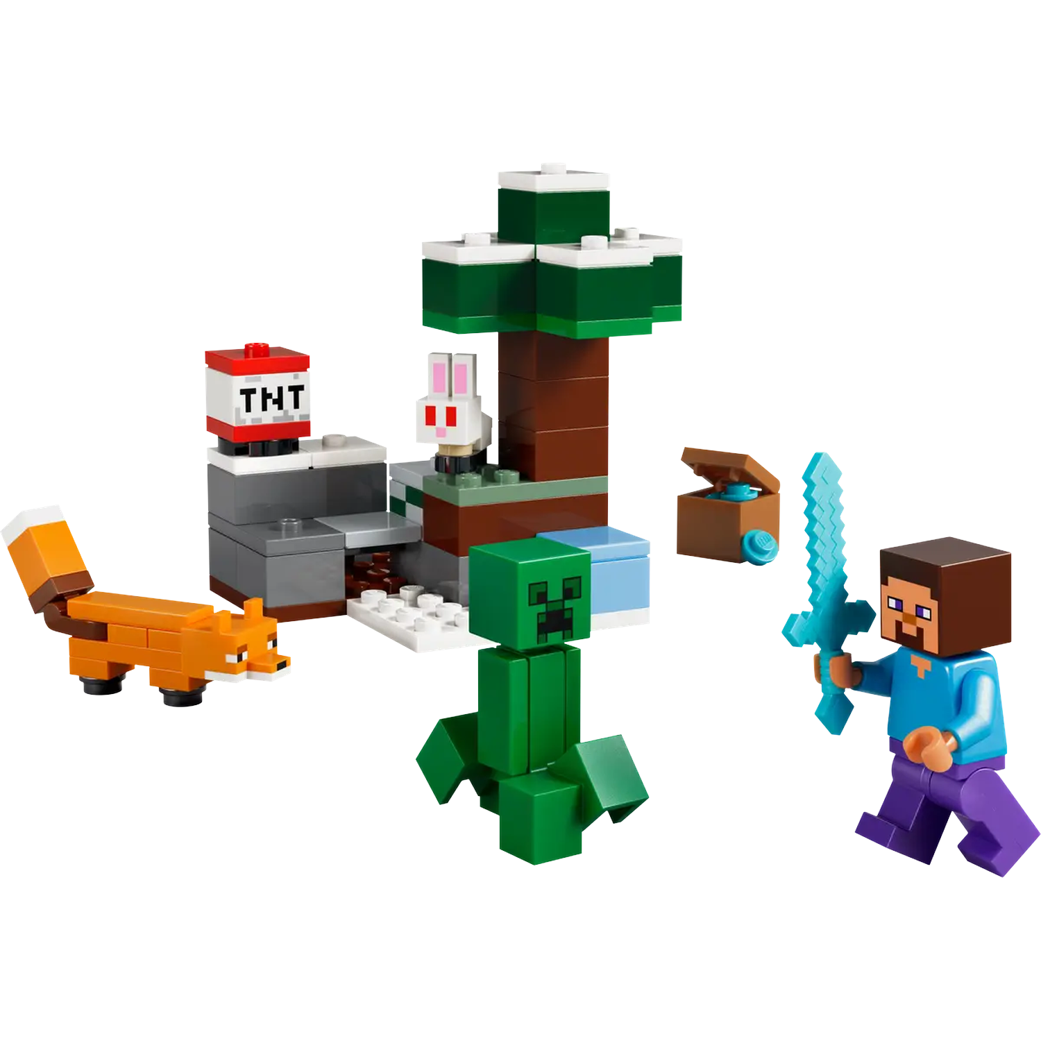 Ensemble Lego Minecraft avec un renard, Creeper, Steve avec épée, arbre, TNT, lapin, coffre. Toutes les briques Lego sur fond blanc.