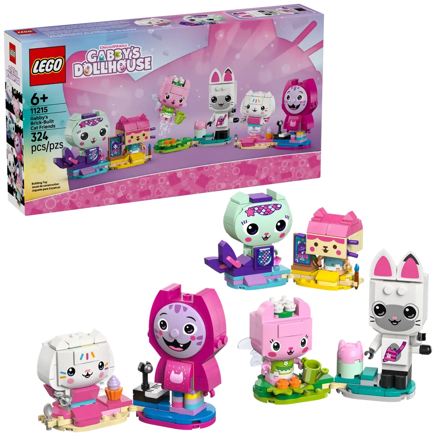 Un ensemble Lego Gabby's Dollhouse. Comprend des figurines de chats et des accessoires. La boîte montre l'ensemble. Les jouets assemblés sont en bas.