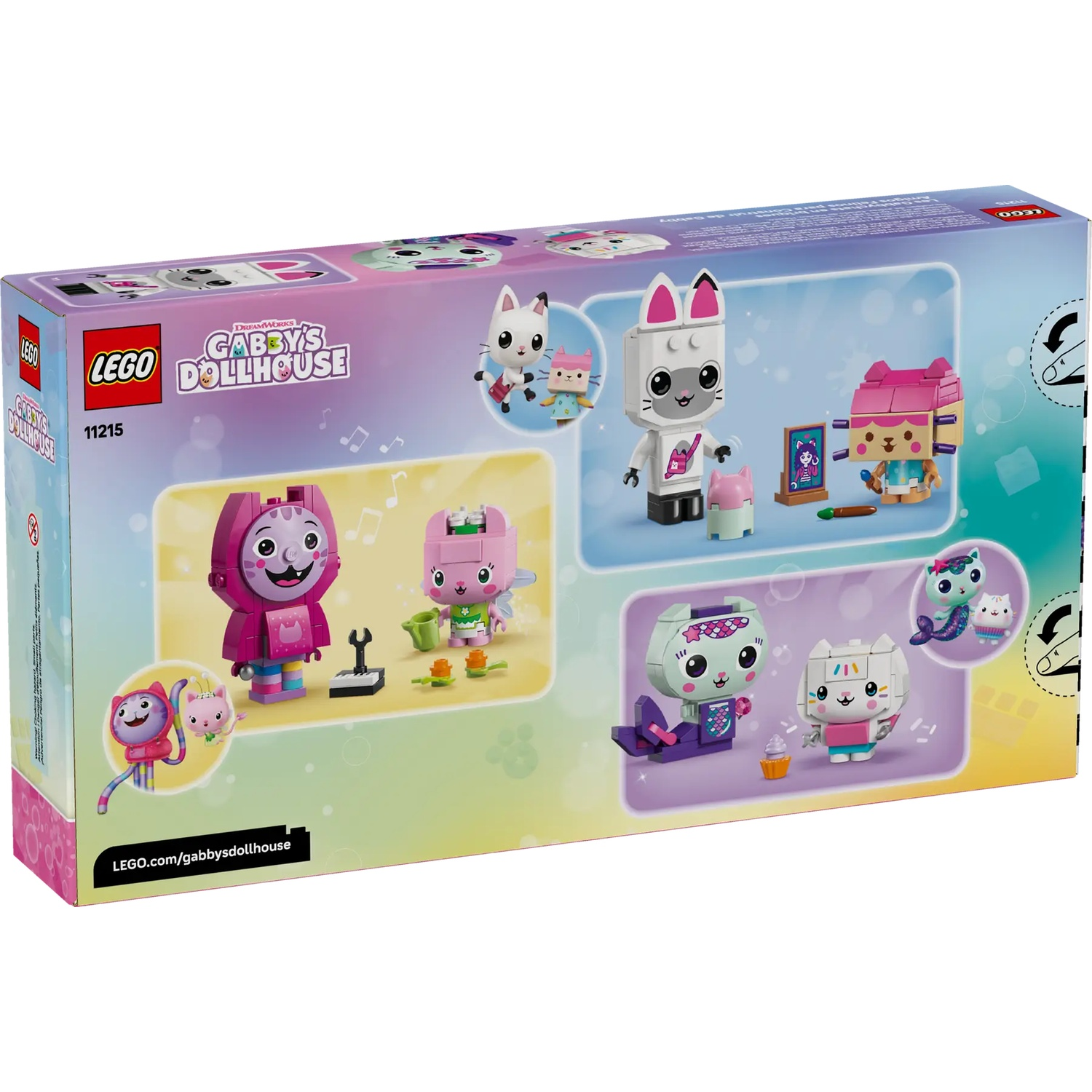 Le dos d'une boîte Lego Gabby's Dollhouse. Il montre des figurines Lego de personnages de chats, dont Gabby et d'autres avec des accessoires.