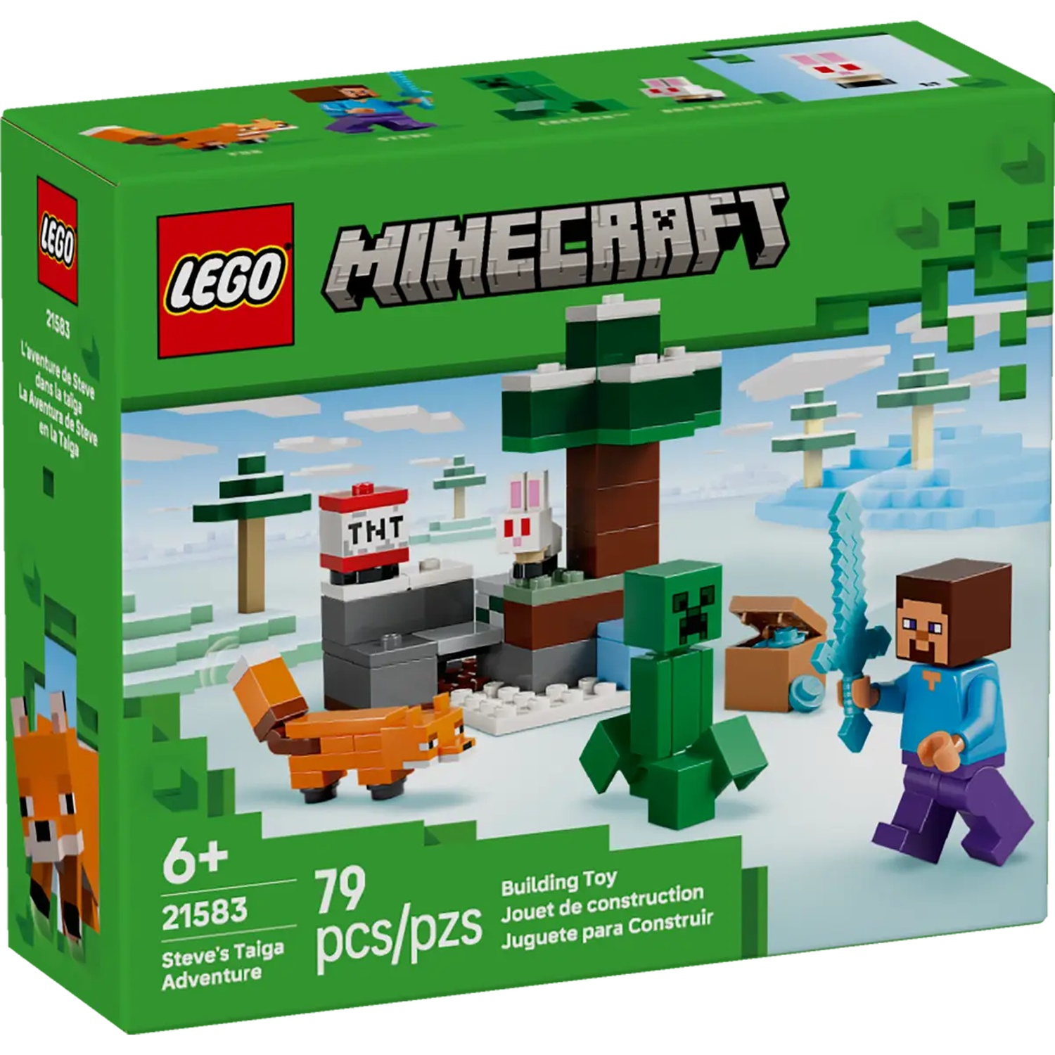 Boîte du set Lego Minecraft. Steve avec épée, creeper, renard, lapin, arbres et TNT. La boîte est verte avec les logos Lego et Minecraft.