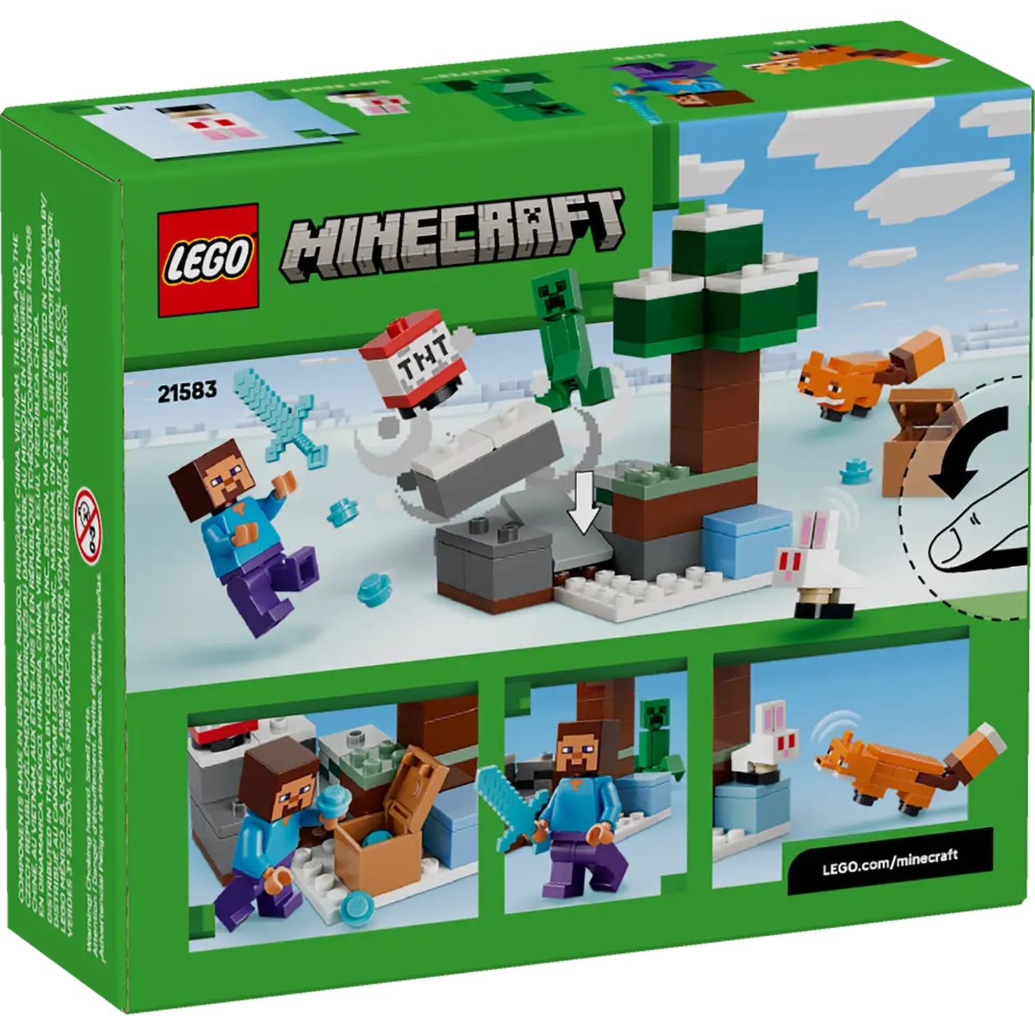 Coffret Lego Minecraft avec figurine Steve, Creeper, TNT, renard, lapin, arbre et scène de neige.