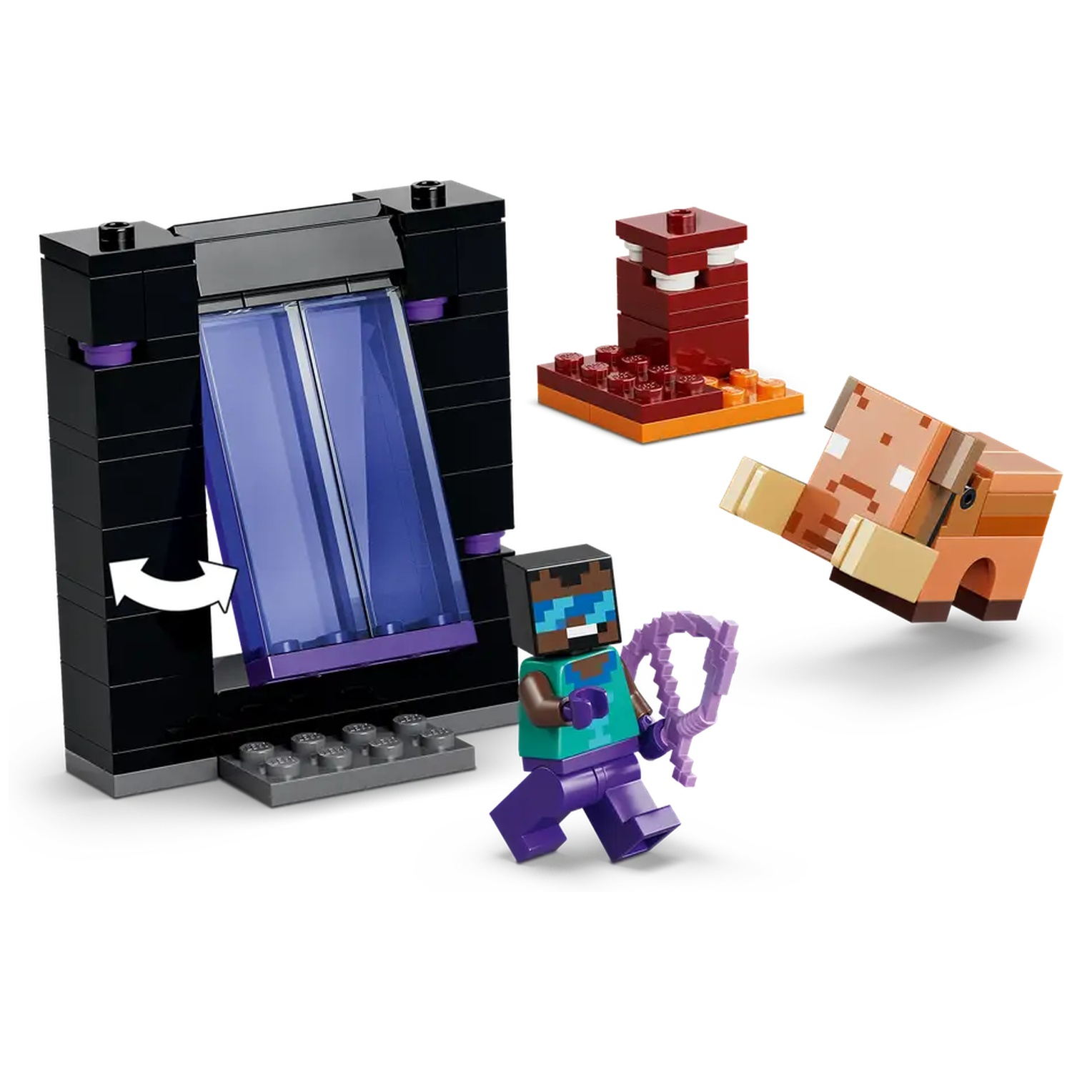 Ensemble Lego Minecraft avec un portail, Steve, un cochon et une structure. Portail noir avec des reflets violets. Steve tient une arme violette.