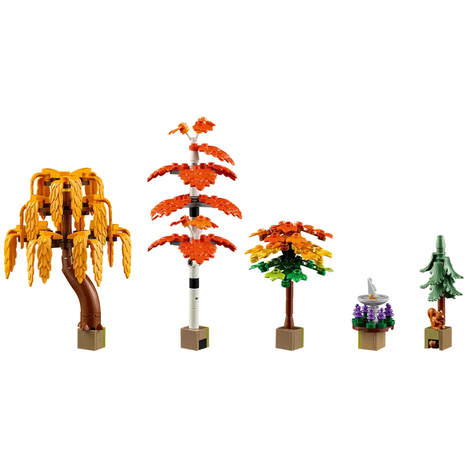 L'image présente des arbres LEGO de différentes couleurs et styles, dont un saule pleureur, un arbre aux feuilles rouges et un pin.