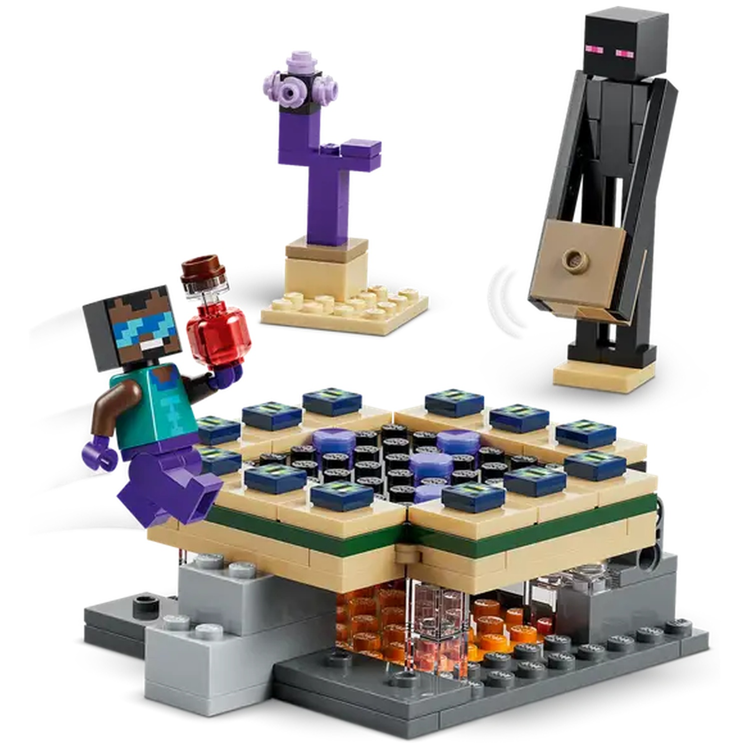 Ensemble Lego Minecraft. Steve tenant une potion. Enderman, structure violette et un plateau de jeu avec de la lave en dessous.