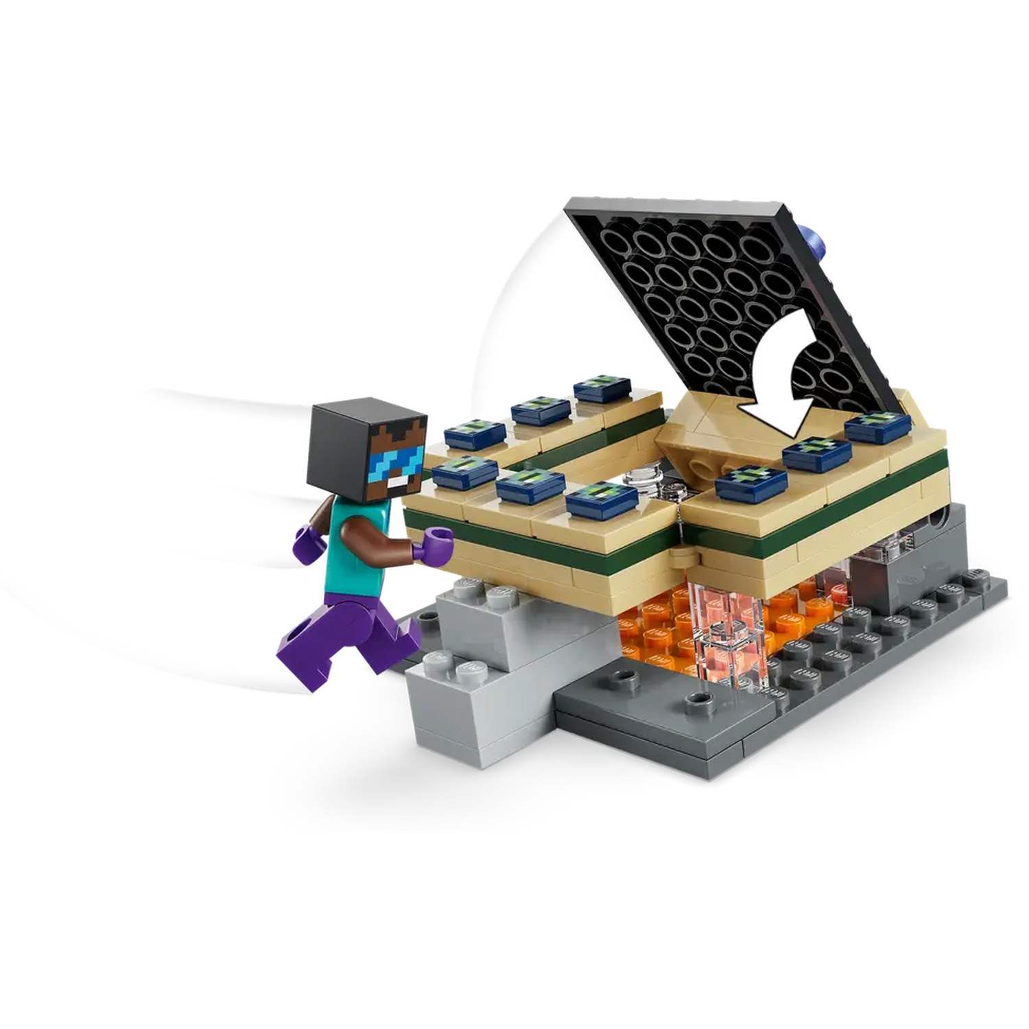 Un ensemble Lego Minecraft avec une figurine Steve courant vers une structure avec un couvercle ouvert, un effet de lave et des blocs bleus.