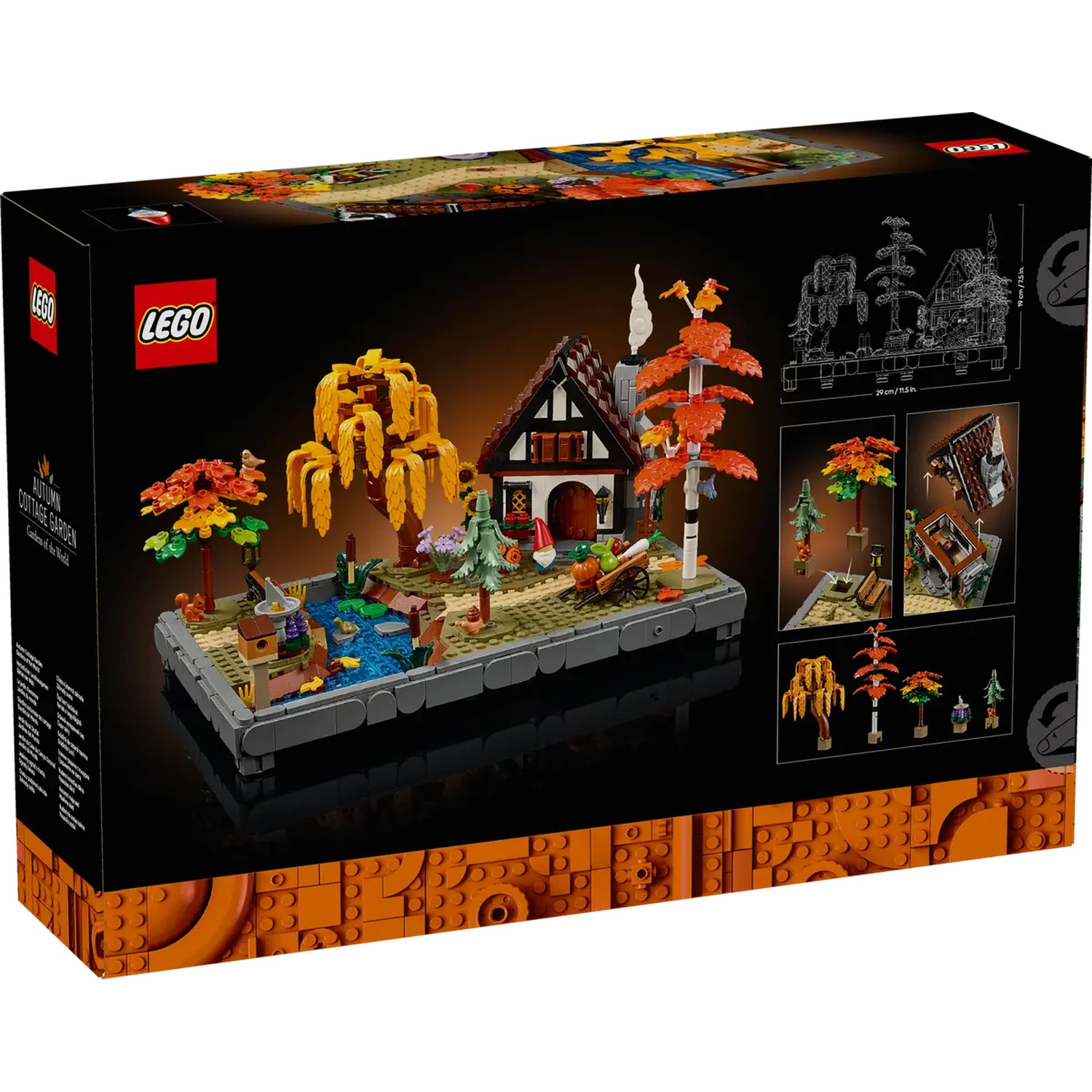Boîte Lego, montrant une scène de jardin de cottage d'automne. Comprend une maison, des arbres, un étang et une charrette, tous en Lego.