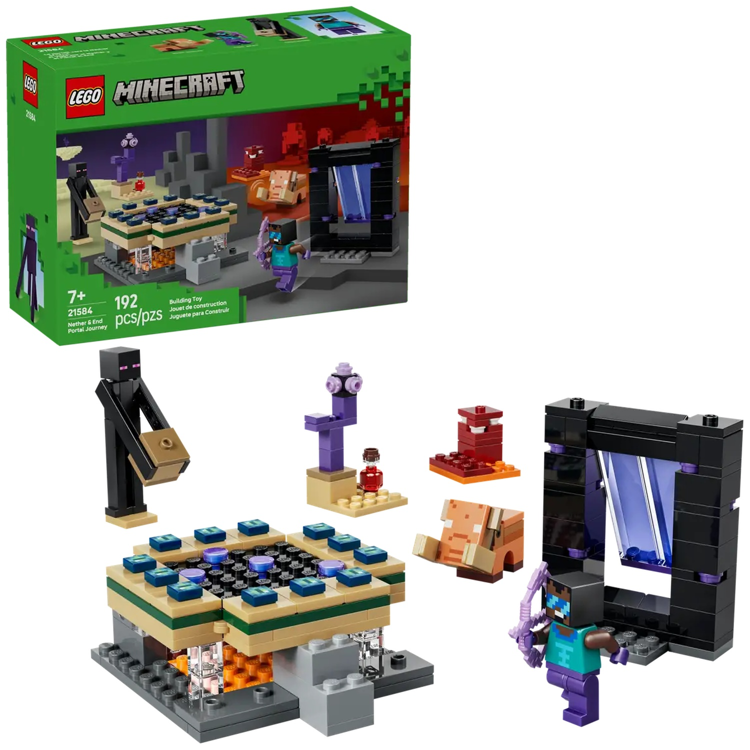 Ensemble LEGO Minecraft. Il comprend des figurines, un portail et un bâtiment. La boîte montre l'ensemble avec des personnages Minecraft.