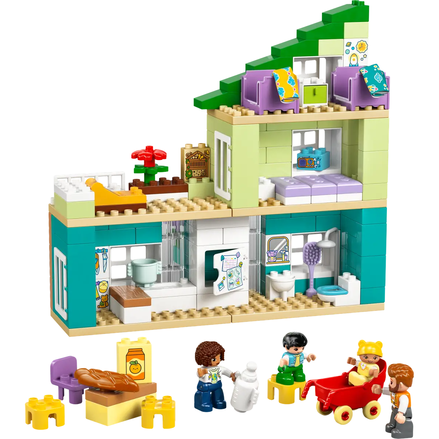 Une maison Lego avec meubles et figurines. Comprend une cuisine, une chambre et une salle de bain. Plusieurs figurines Lego sont présentes.