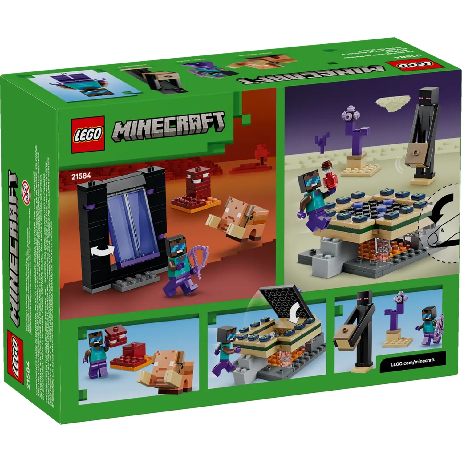 Une boîte de jeu Lego Minecraft. Il présente des personnages et des structures du jeu. La boîte est verte avec de nombreuses illustrations.